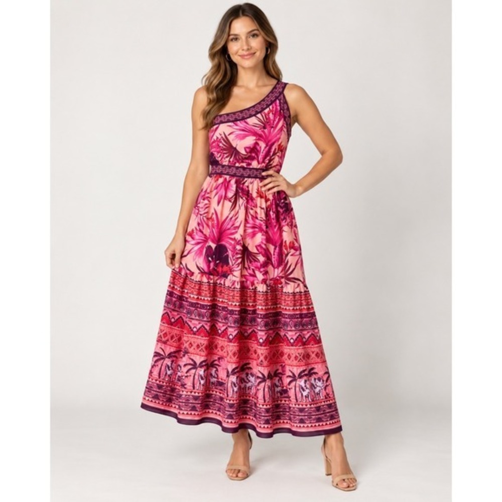 Eliza J One Shoulder Maxi Dress Size 4 NWT Pink Tropical Print $158